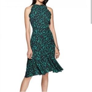Who What Wear Green and Black Floral Ruffle Midi Dress